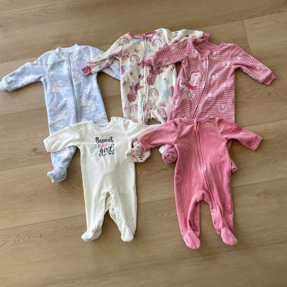 Baby Girls' Footed Pajama Set - Pink, White, Light Blue